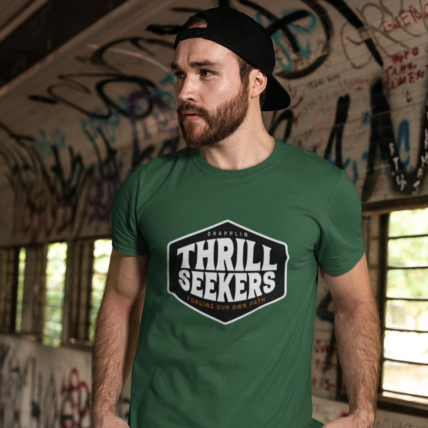 Thrill Seekers Forest Green Crew Neck Graphic Printed T-shirt