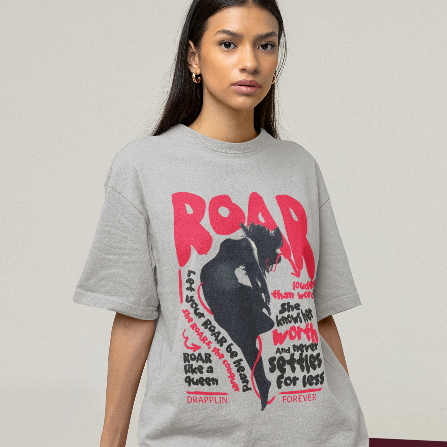 Roar Premium Woman Grey Mélange Oversized Printed T-shirt