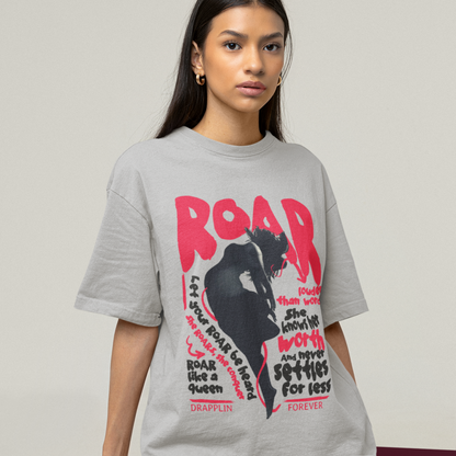 Roar Premium Woman Grey Mélange Oversized Printed T-shirt