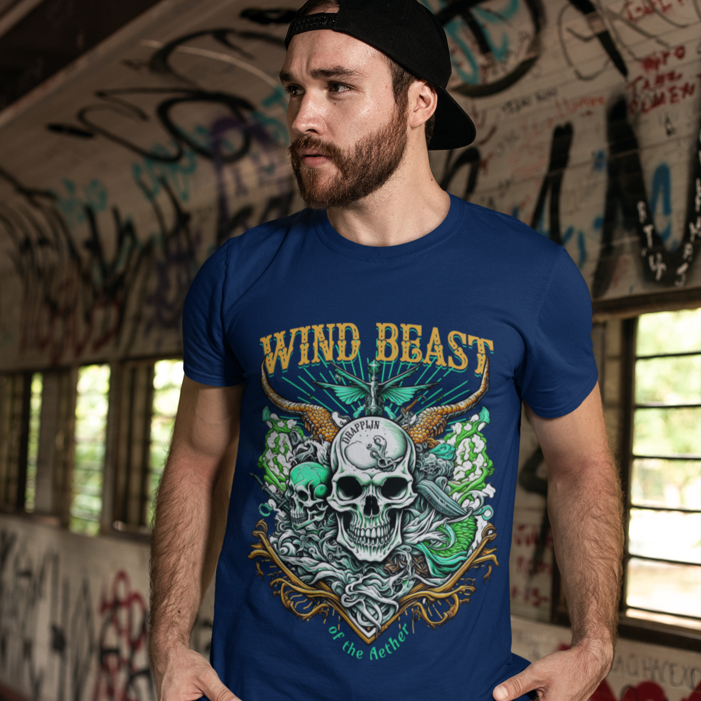 Wind Beast Navy Blue Regular Crew Neck Graphic Printed T-shirt