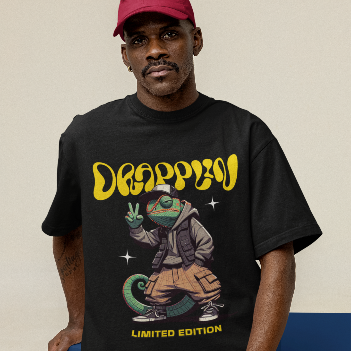 Drapplin Chameleon Premium Black Oversized Printed T-shirt