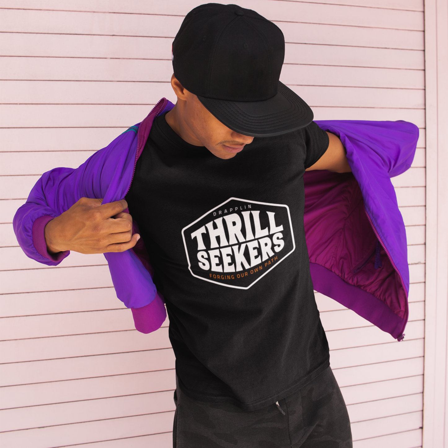 Thrill Seekers Black Crew Neck Graphic Printed T-shirt