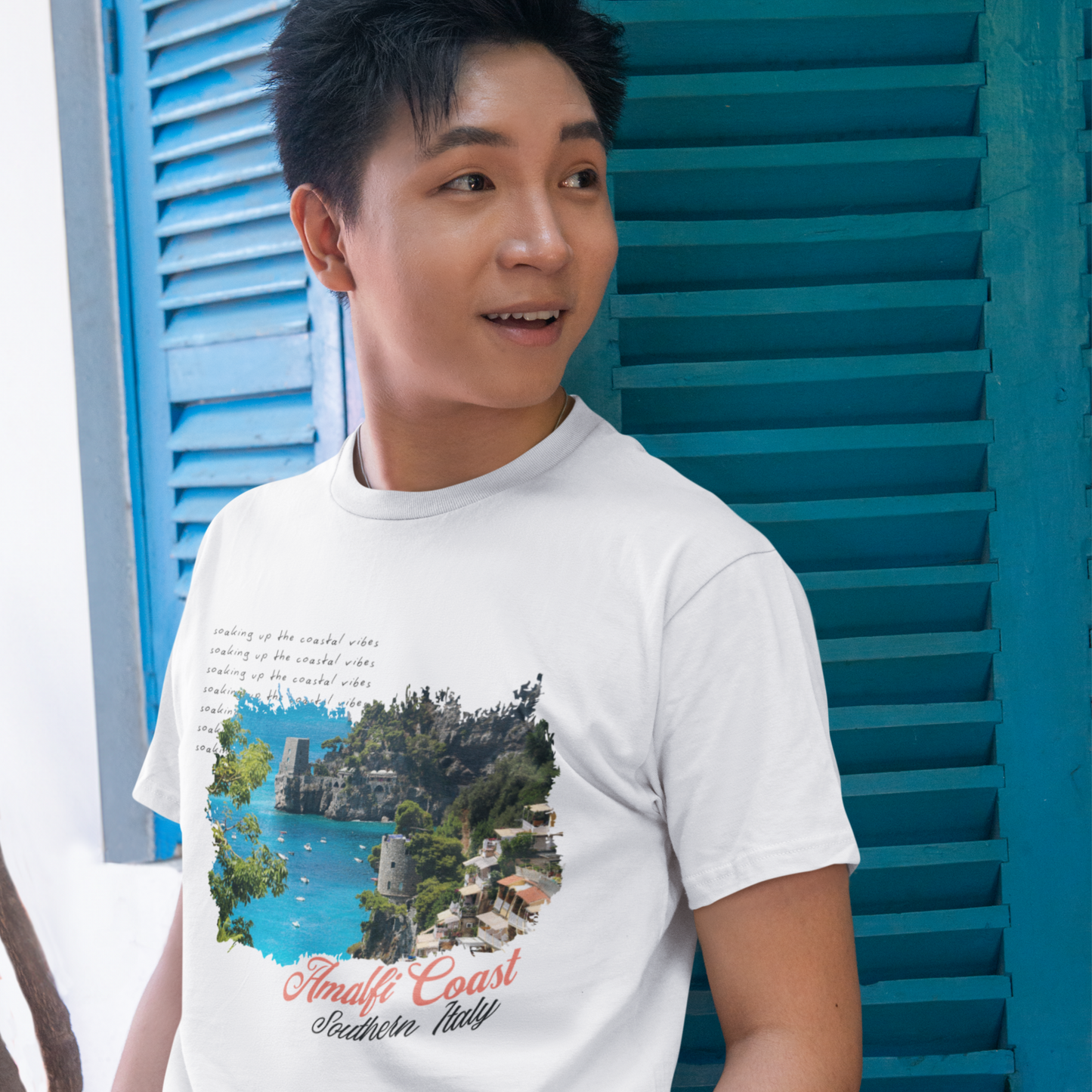 Amalfi Coast White Crew Neck Graphic Printed T-shirt