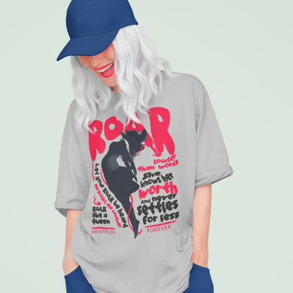 Roar Premium Woman Grey Mélange Oversized Printed T-shirt