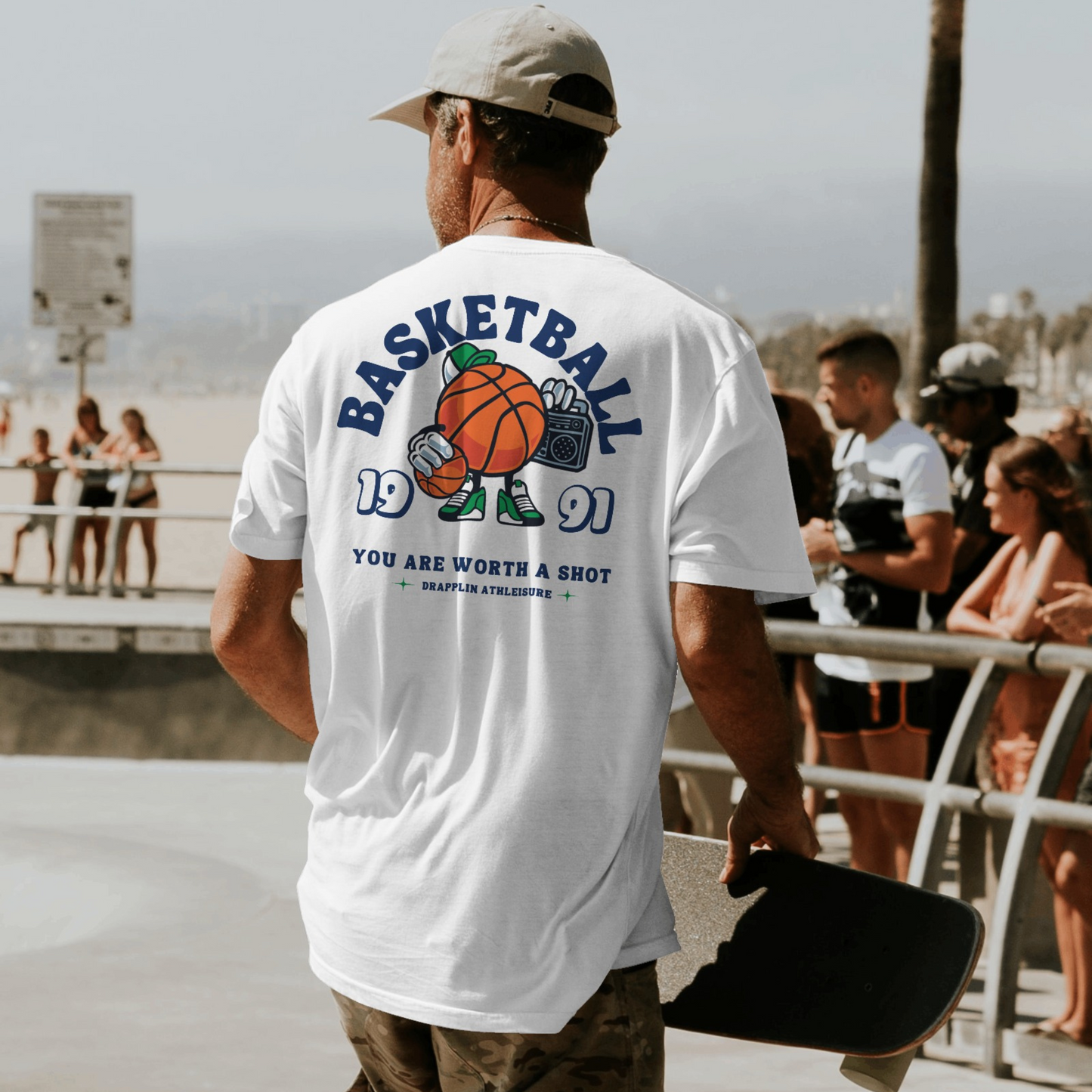 Basketball Premium White Oversized Typography Back Printed T-shirt