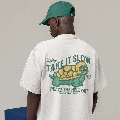 Take It Slow White Oversized Typography Back Printed T-shirt