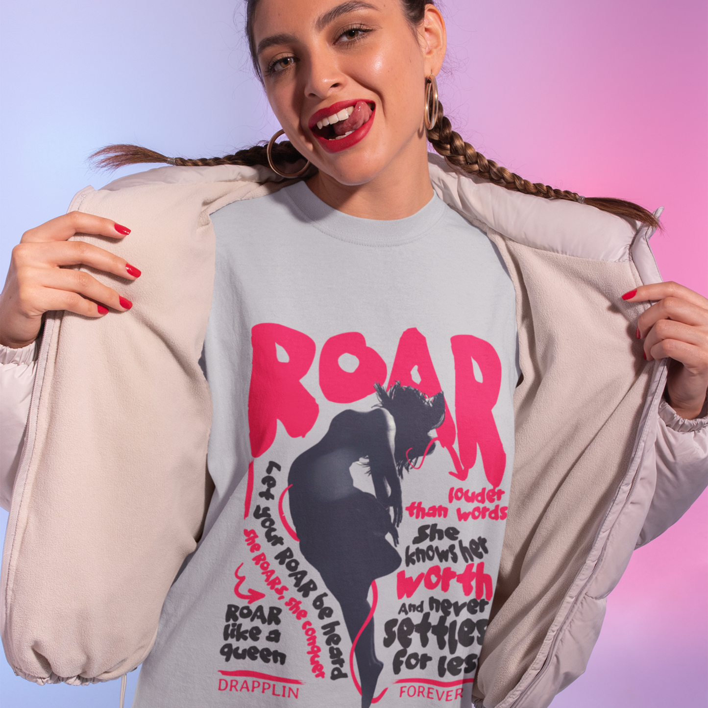 Roar Premium Woman Grey Mélange Oversized Printed T-shirt