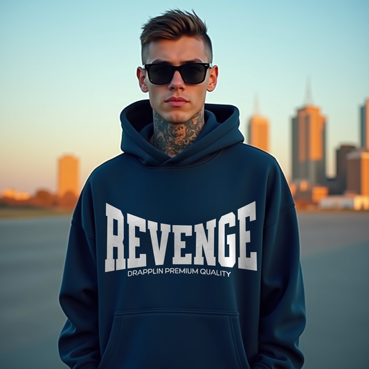 Revenge Navy Blue Regular Typographic Printed Hoodie