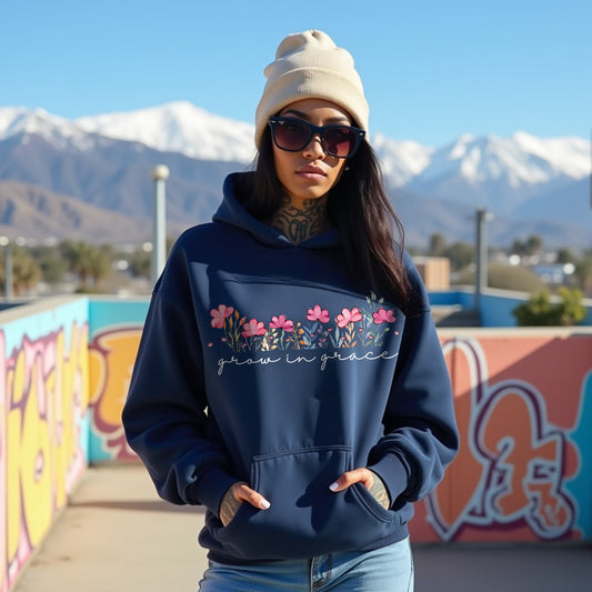 Grow Navy Blue Woman Regular Typographic Printed Hoodie