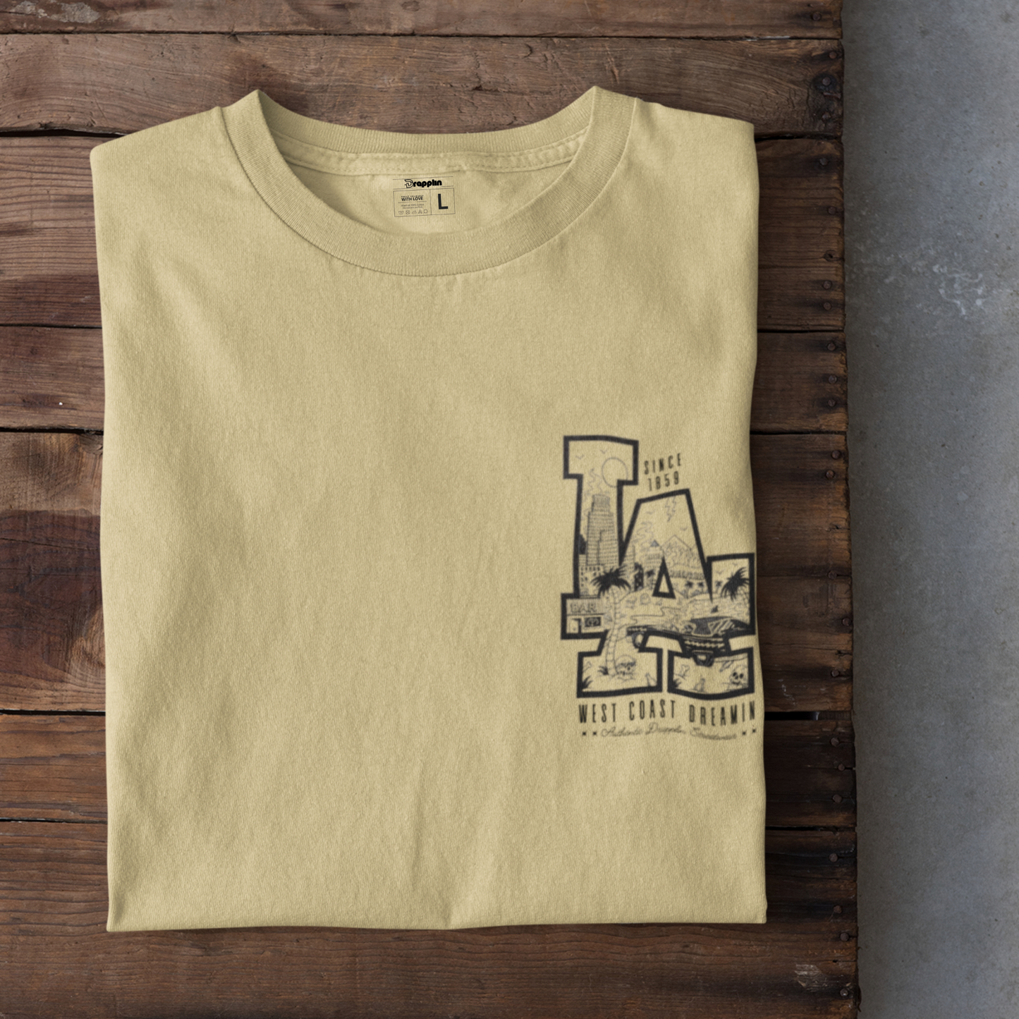 LA Beige Crew Neck Graphic Printed T-shirt