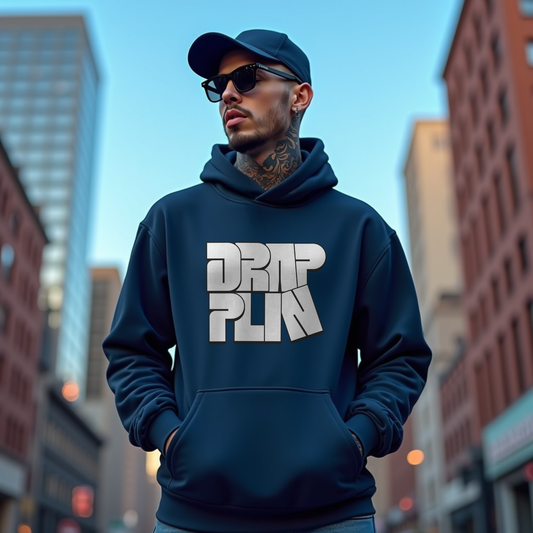 Drapplin Navy Blue Regular Typographic Printed Hoodie