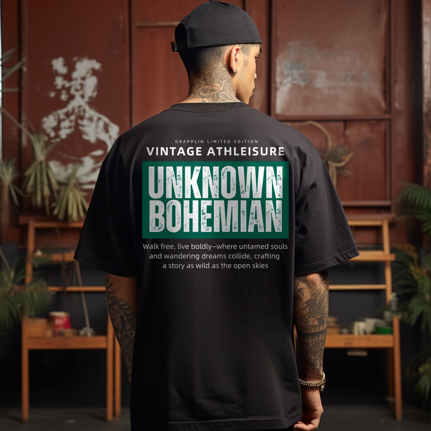 Unknown Bohemian Premium Black Oversized Typography Back Printed T-shirt