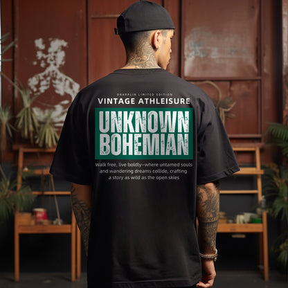 Unknown Bohemian Premium Black Oversized Typography Back Printed T-shirt