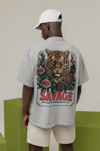 Savage Premium Grey Mélange Oversized Typography Back Printed T-shirt