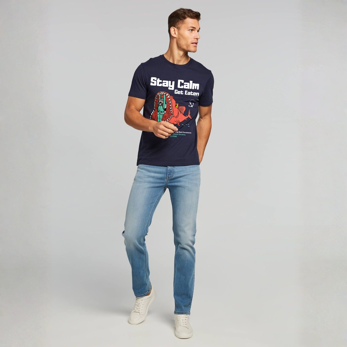 Stay Calm Regular Navy Blue Crew Neck Printed T-shirt
