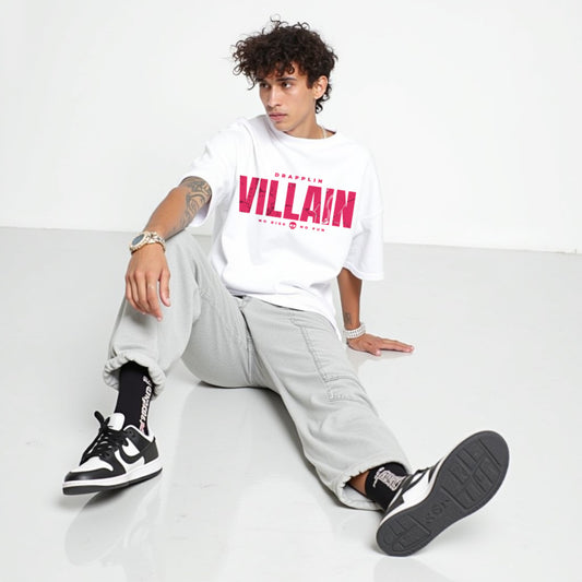 Villain Premium White Oversized Typography T-shirt