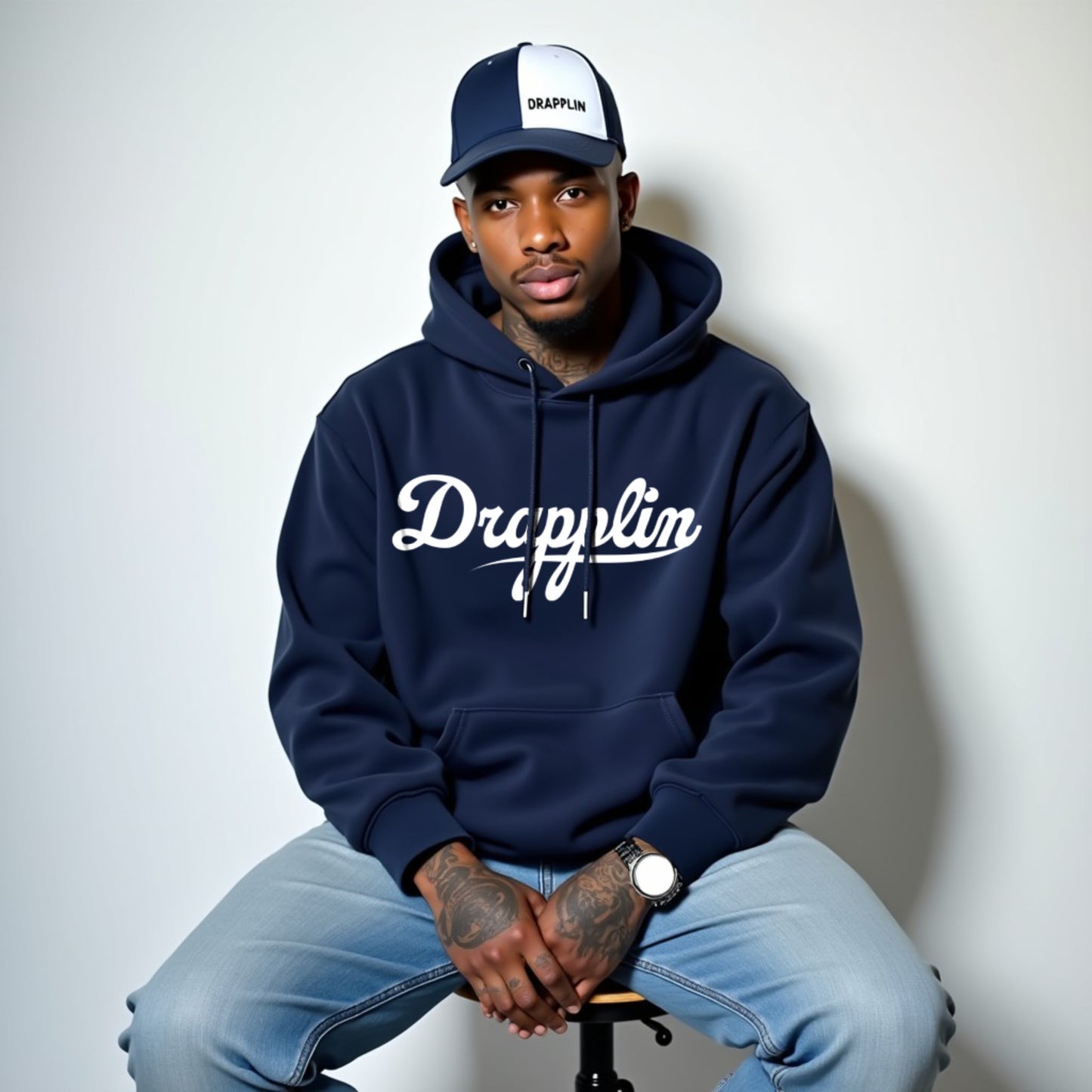 Drapplin Unisex Oversized Navy Blue Typography Printed Hoodie