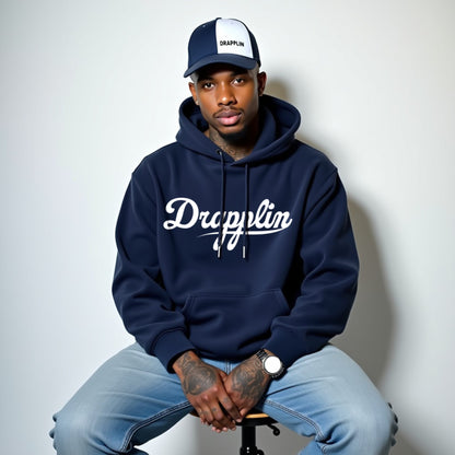 Drapplin Unisex Oversized Navy Blue Typography Printed Hoodie