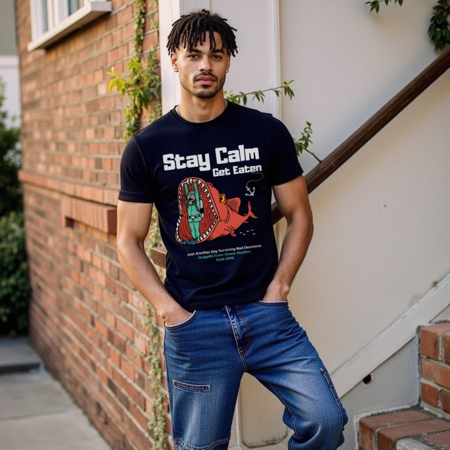 Stay Calm Regular Black Crew Neck Printed T-shirt