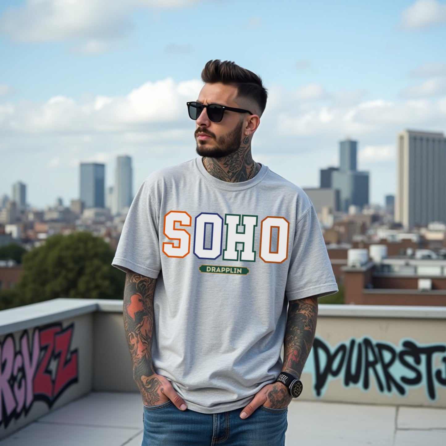 Soho Unisex Grey Mélange Premium Oversized Typographic Printed T-shirt