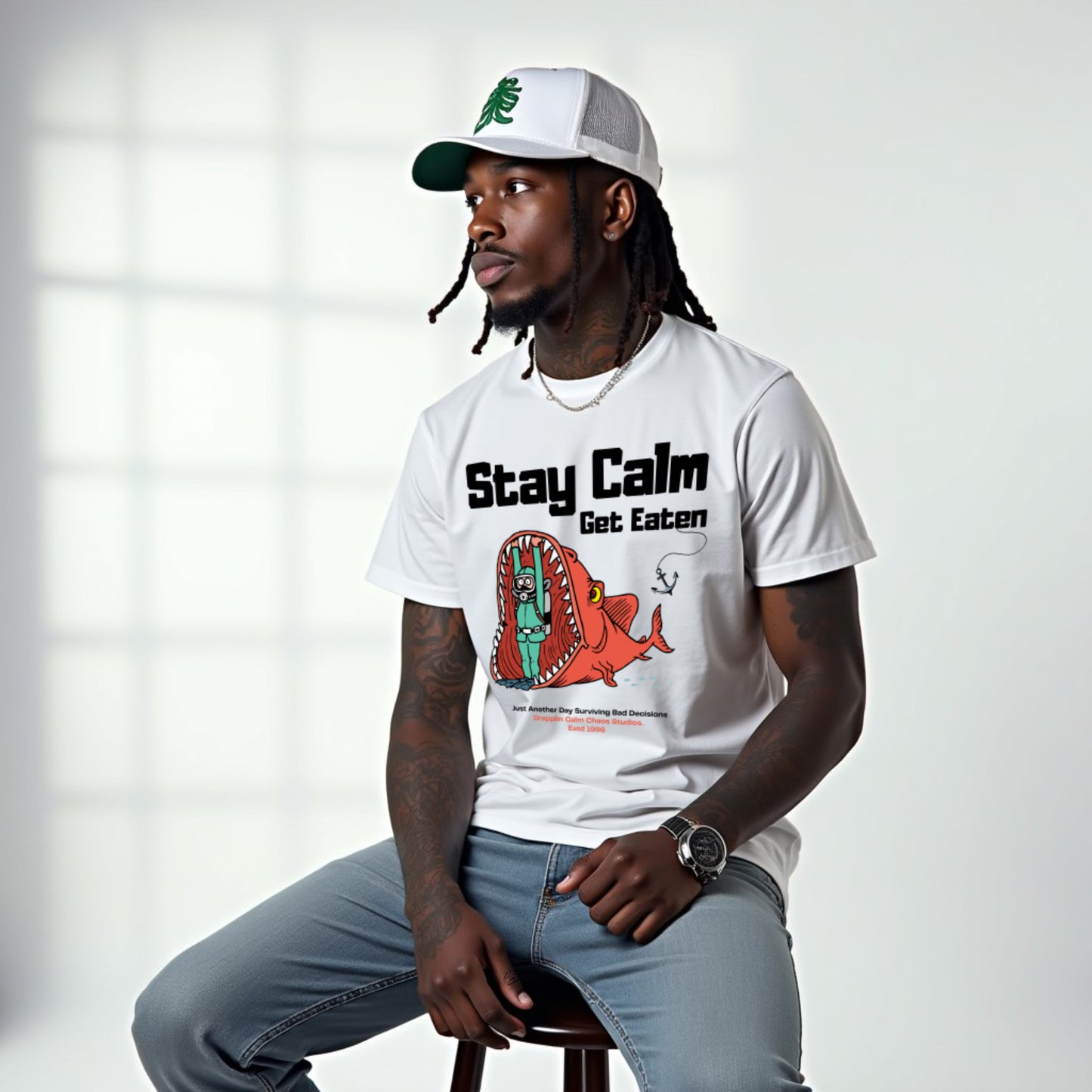 Stay Calm Regular White Crew Neck Printed T-shirt