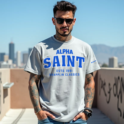 Saint Unisex Grey Mélange Premium Oversized Typographic Printed T-shirt