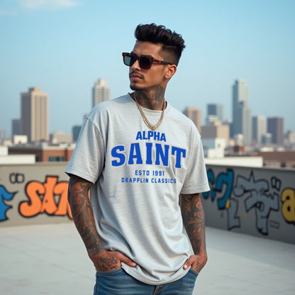 Saint Unisex Grey Mélange Premium Oversized Typographic Printed T-shirt