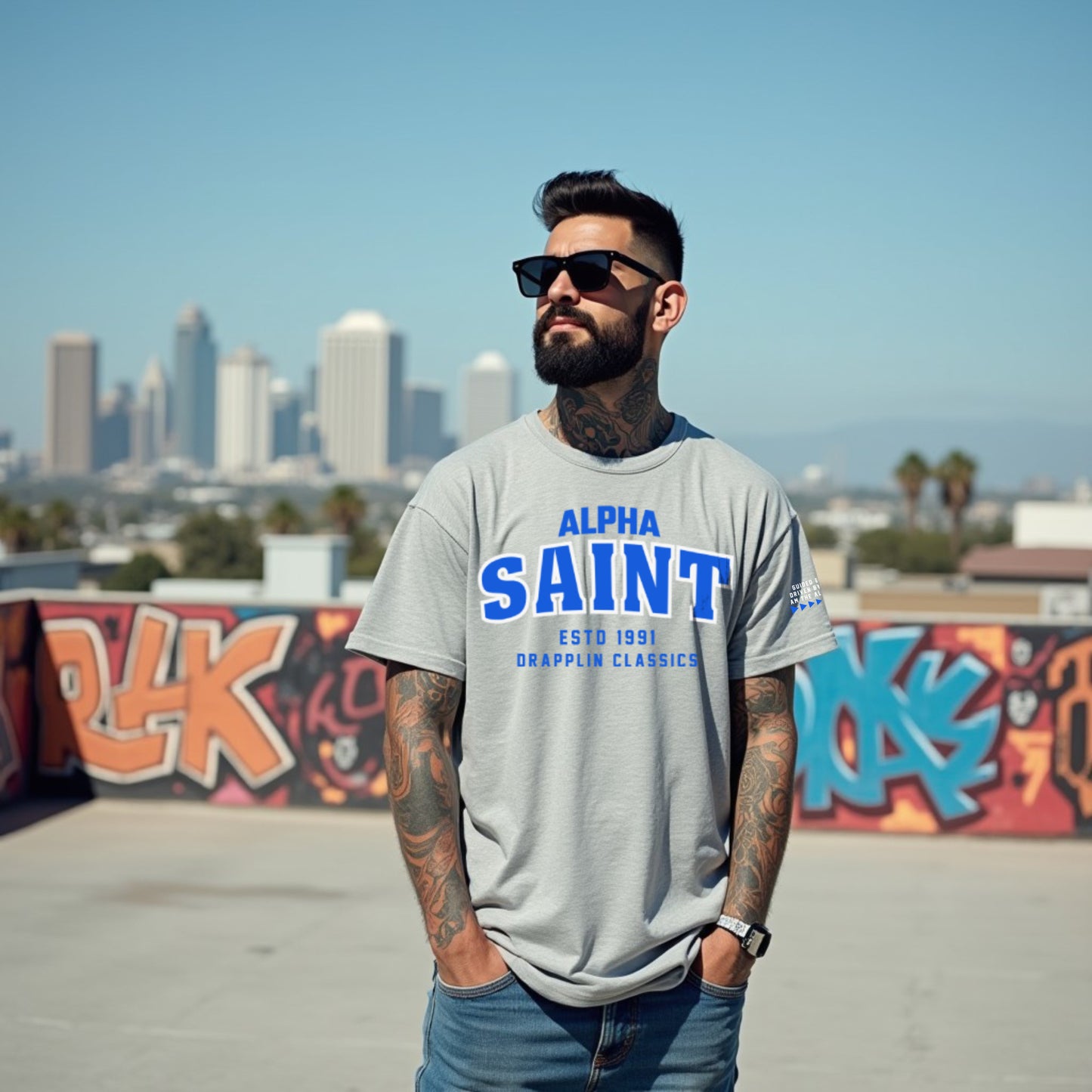 Saint Unisex Grey Mélange Premium Oversized Typographic Printed T-shirt