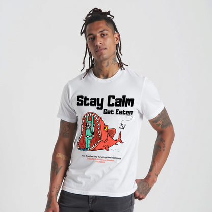Stay Calm Regular White Crew Neck Printed T-shirt