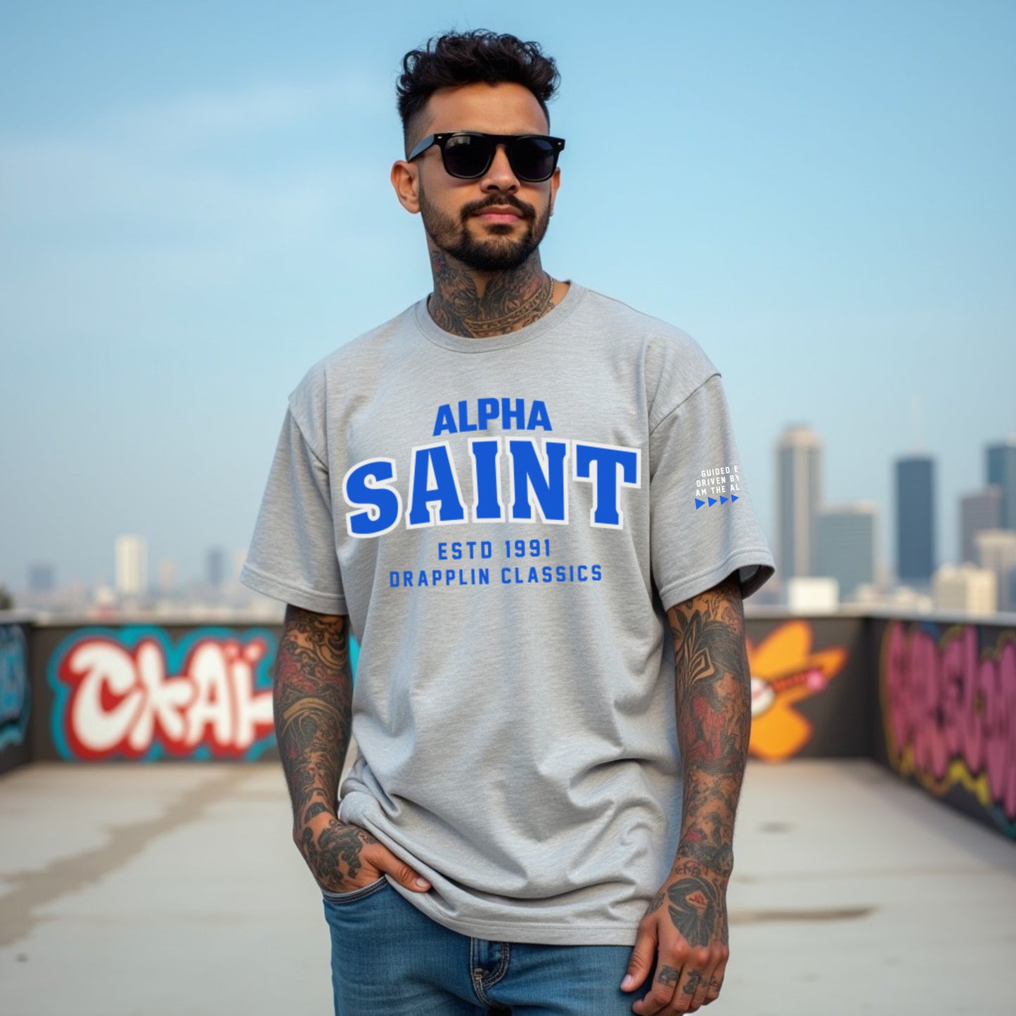 Saint Unisex Grey Mélange Premium Oversized Typographic Printed T-shirt