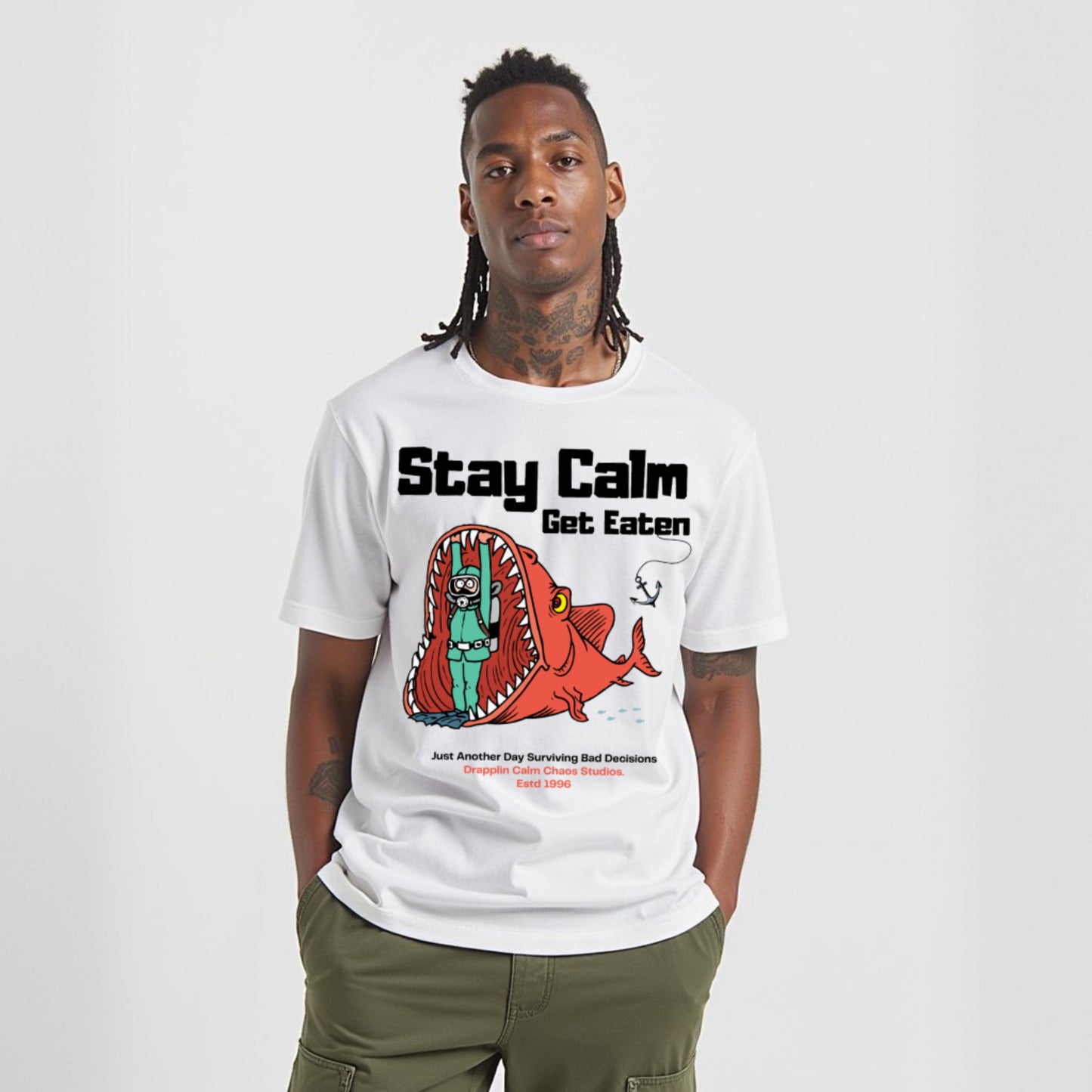 Stay Calm Regular White Crew Neck Printed T-shirt