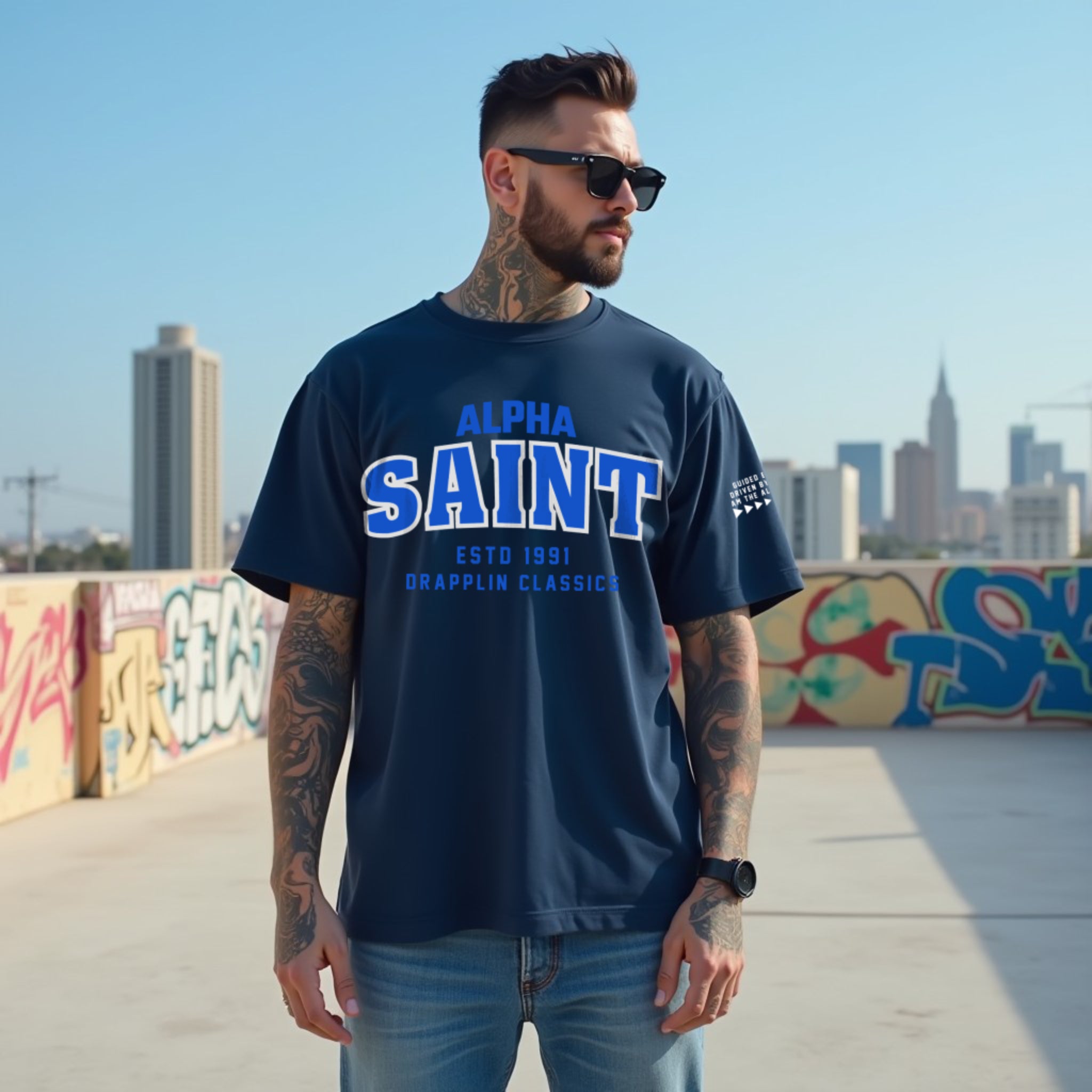 Saint Unisex Navy Blue Premium Oversized Typographic Printed T-shirt