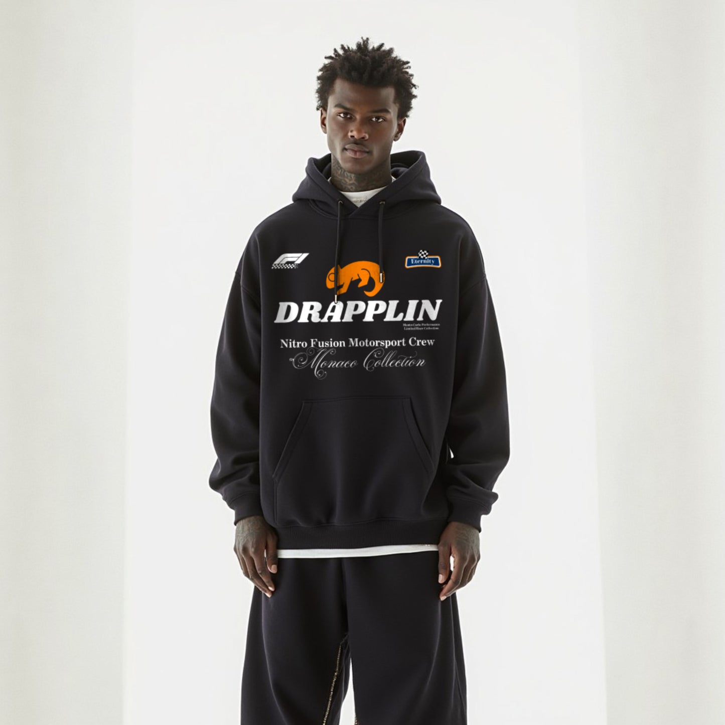 Motorsport Black Premium Oversized Printed Hoodie
