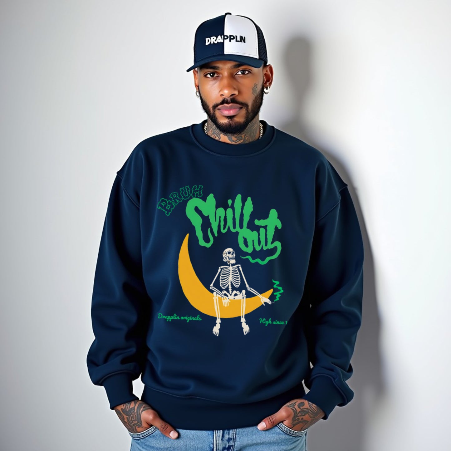 Bruh Navy Blue Premium Oversized Printed Sweatshirt