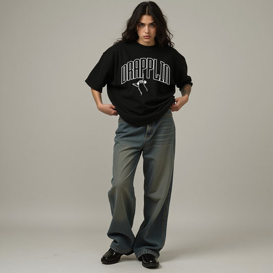 Drapplin Dance Black Oversized Printed T-shirt