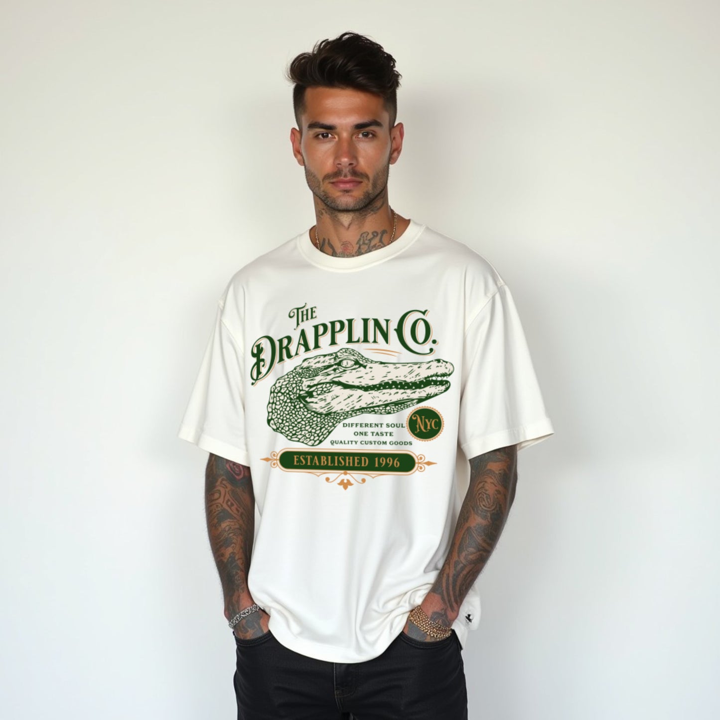 Crocodile Premium White Oversized Typography T-shirt