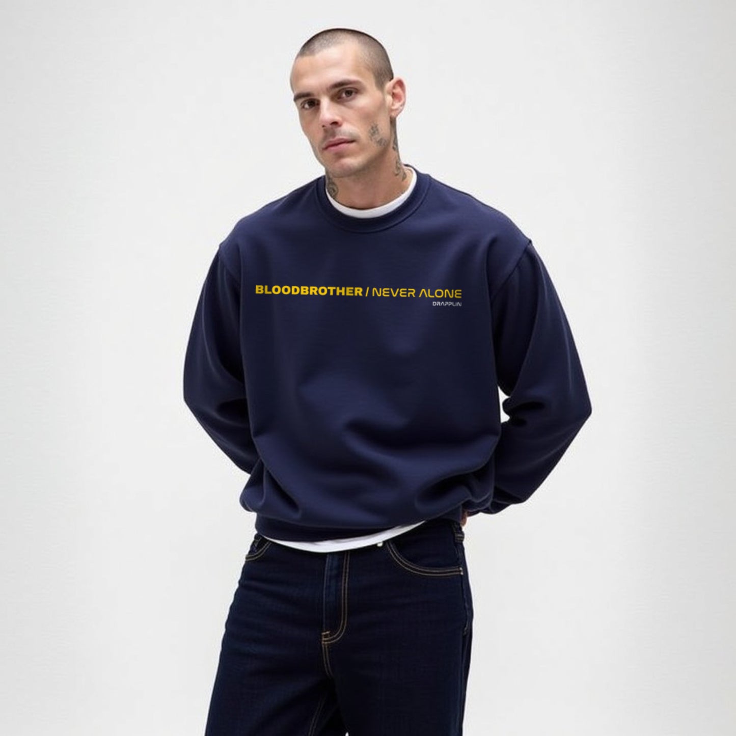 Bloodbrother Navy Blue Premium Oversized Printed Sweatshirt