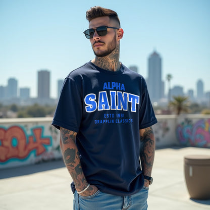 Saint Unisex Navy Blue Premium Oversized Typographic Printed T-shirt