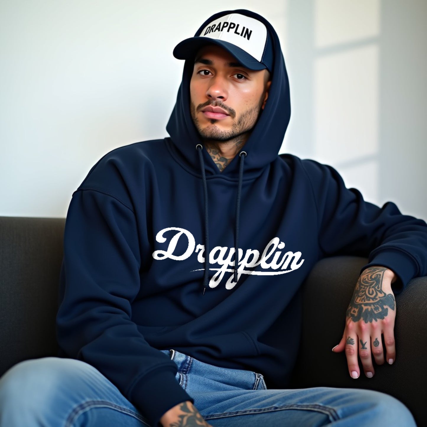 Drapplin Unisex Oversized Navy Blue Typography Printed Hoodie