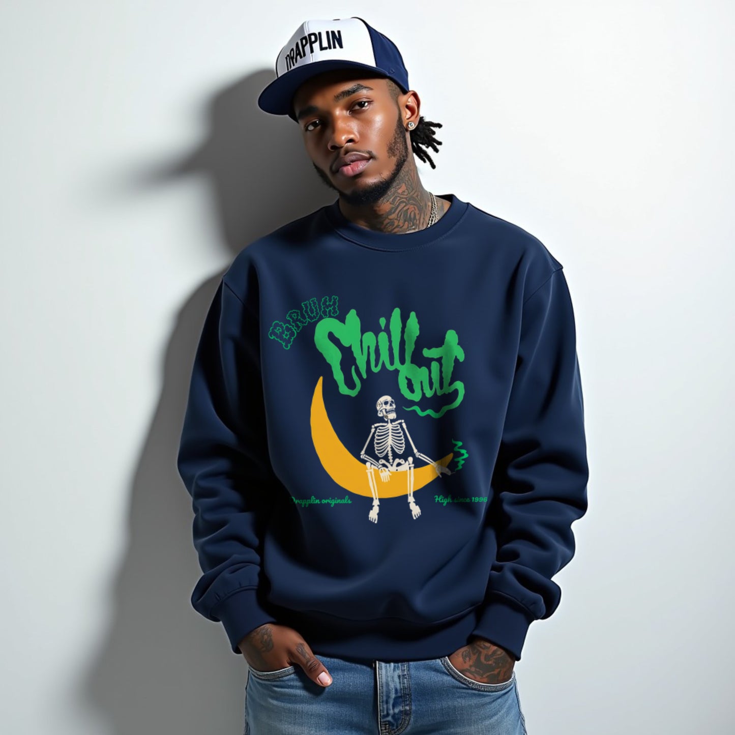 Bruh Navy Blue Premium Oversized Printed Sweatshirt