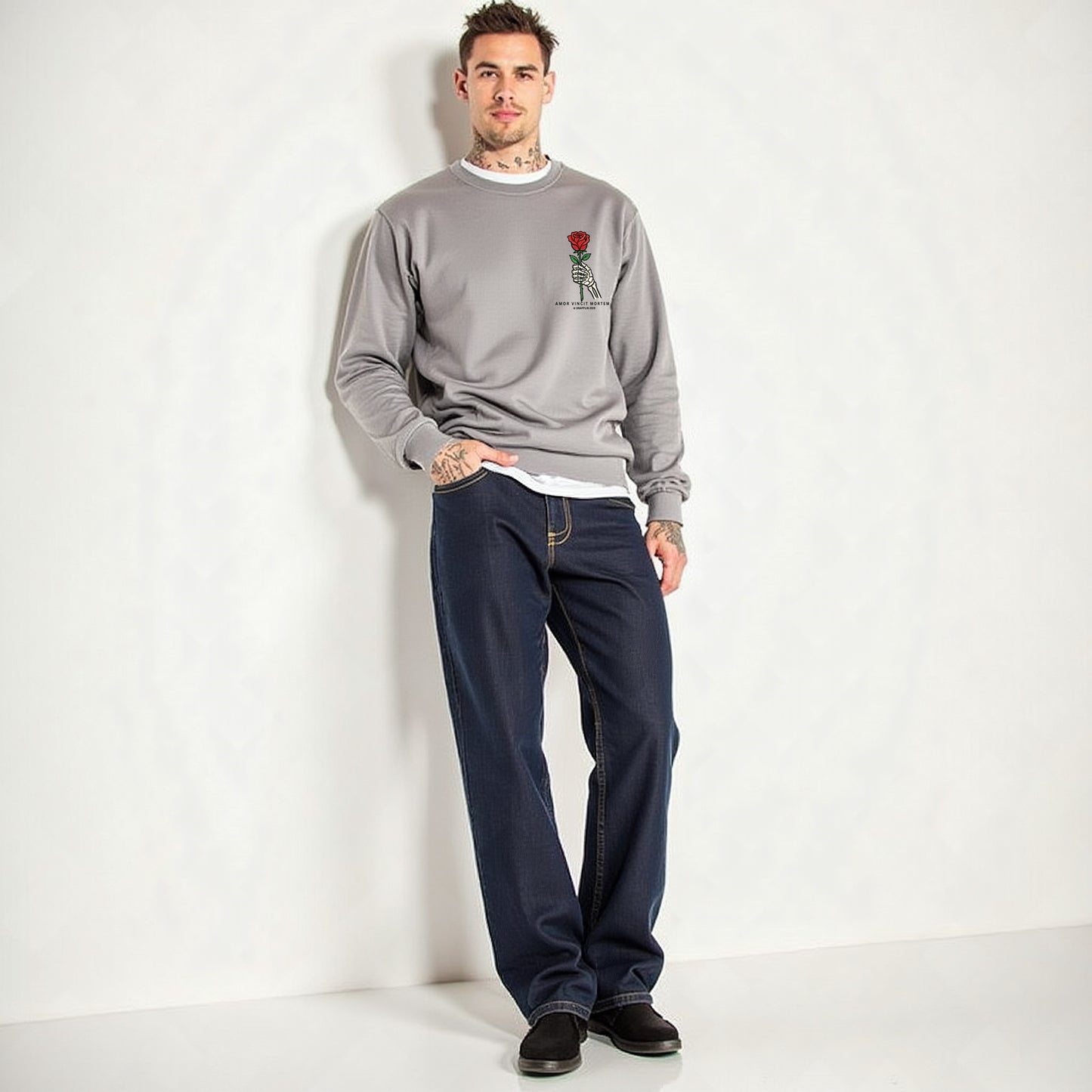 Amor Grey Mélange Unisex Premium Regular Printed Sweatshirt