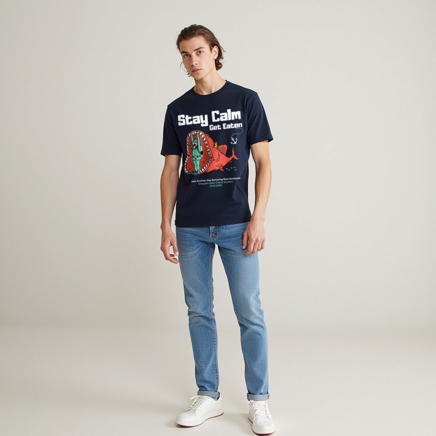 Stay Calm Regular Navy Blue Crew Neck Printed T-shirt