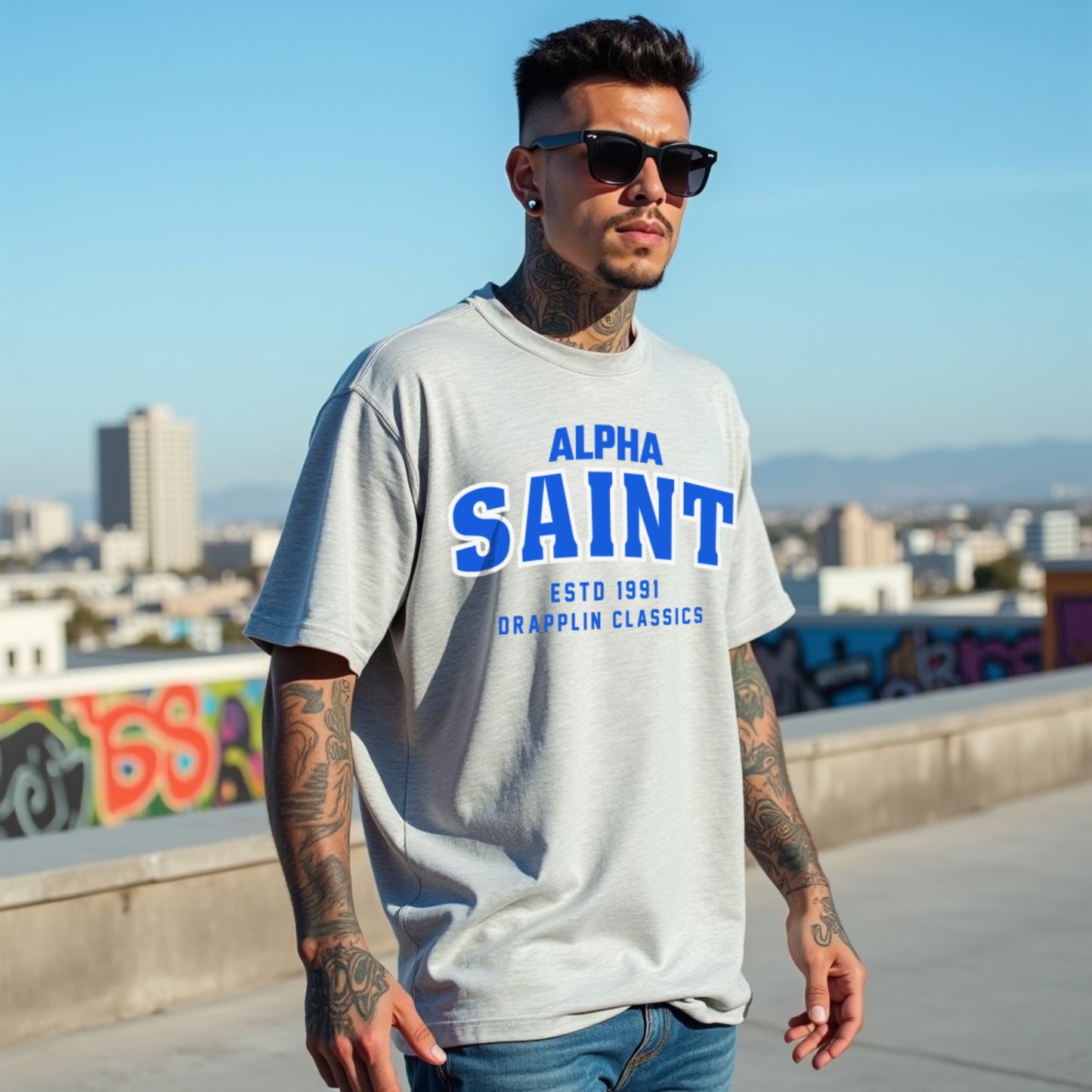 Saint Unisex Grey Mélange Premium Oversized Typographic Printed T-shirt