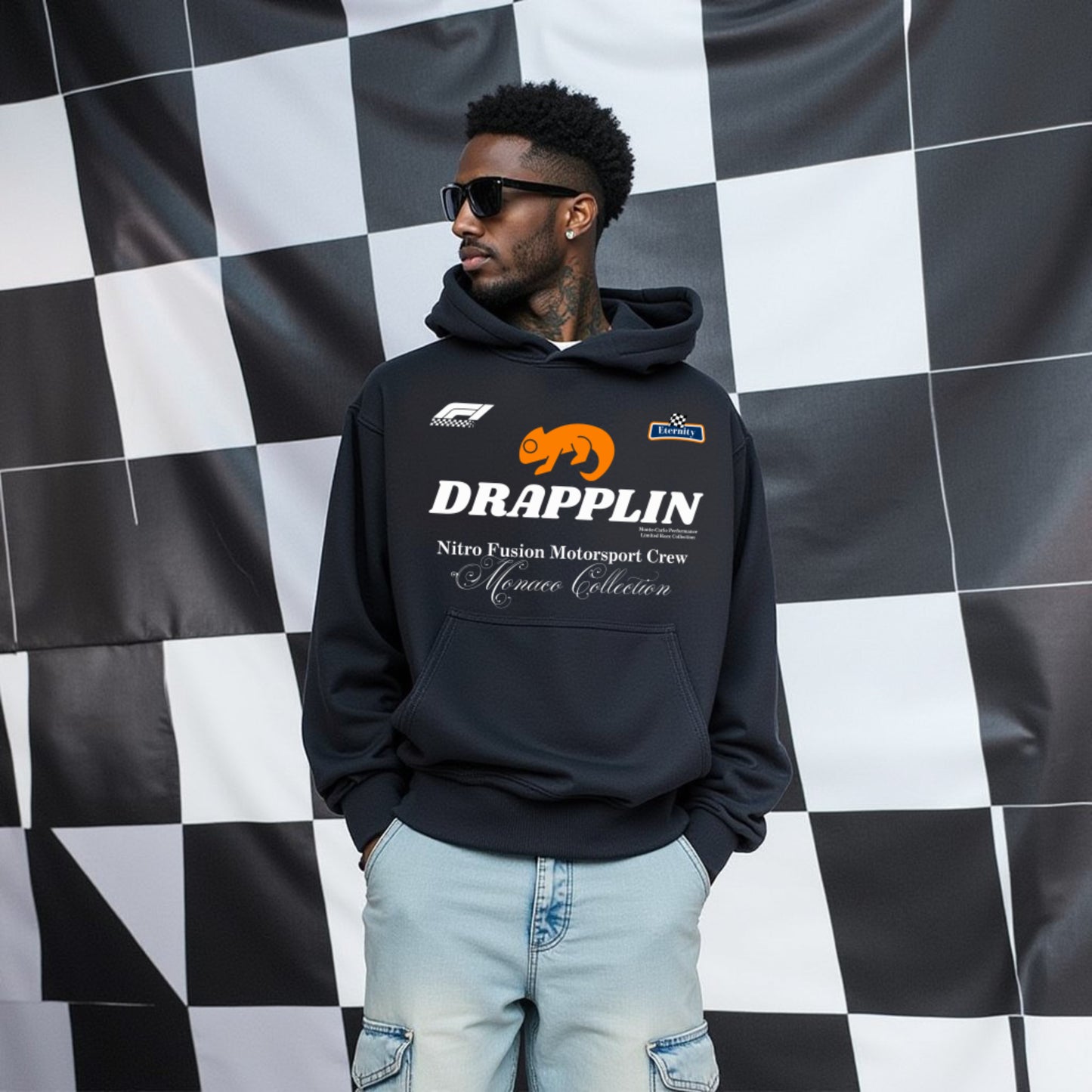 Motorsport Black Premium Oversized Printed Hoodie