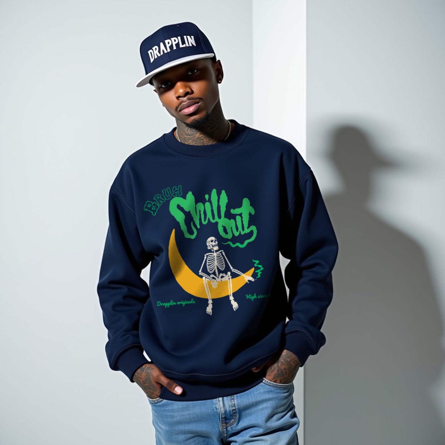 Bruh Navy Blue Premium Oversized Printed Sweatshirt