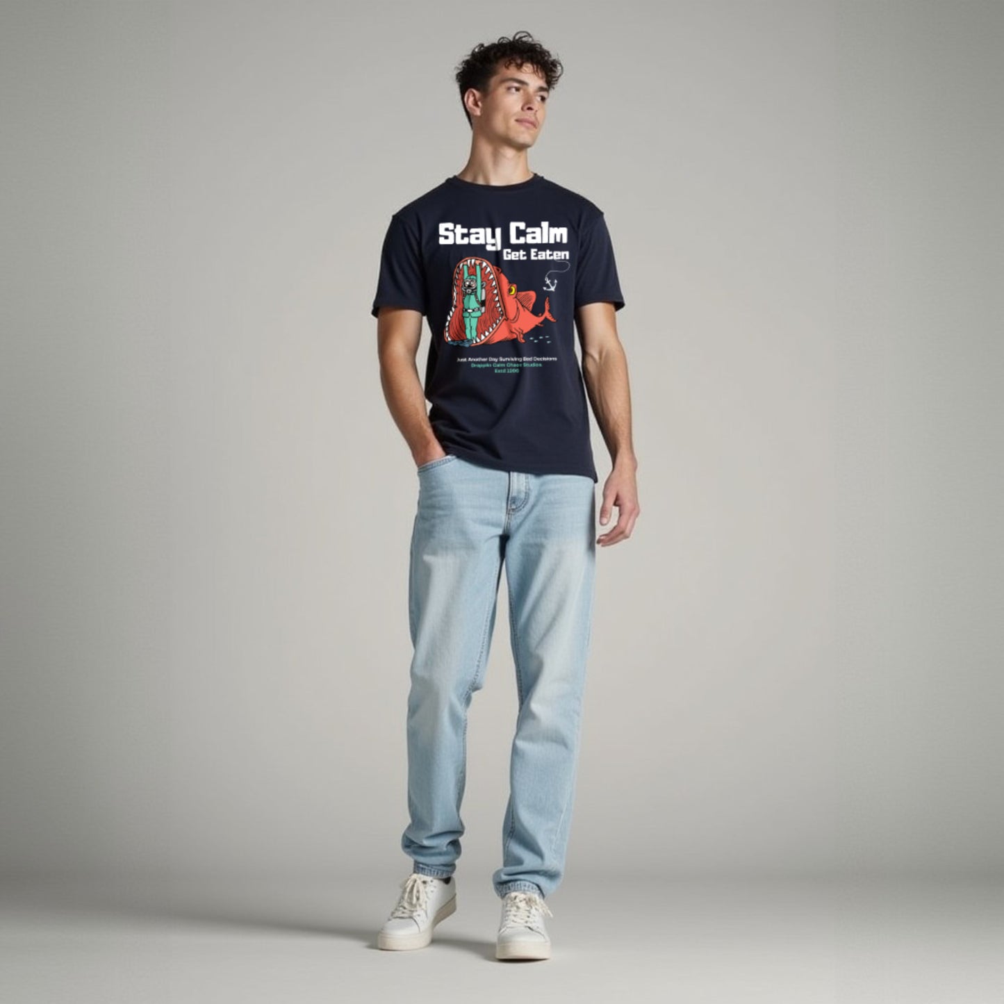 Stay Calm Regular Navy Blue Crew Neck Printed T-shirt