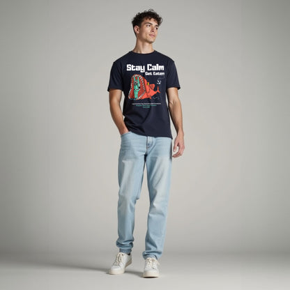 Stay Calm Regular Navy Blue Crew Neck Printed T-shirt