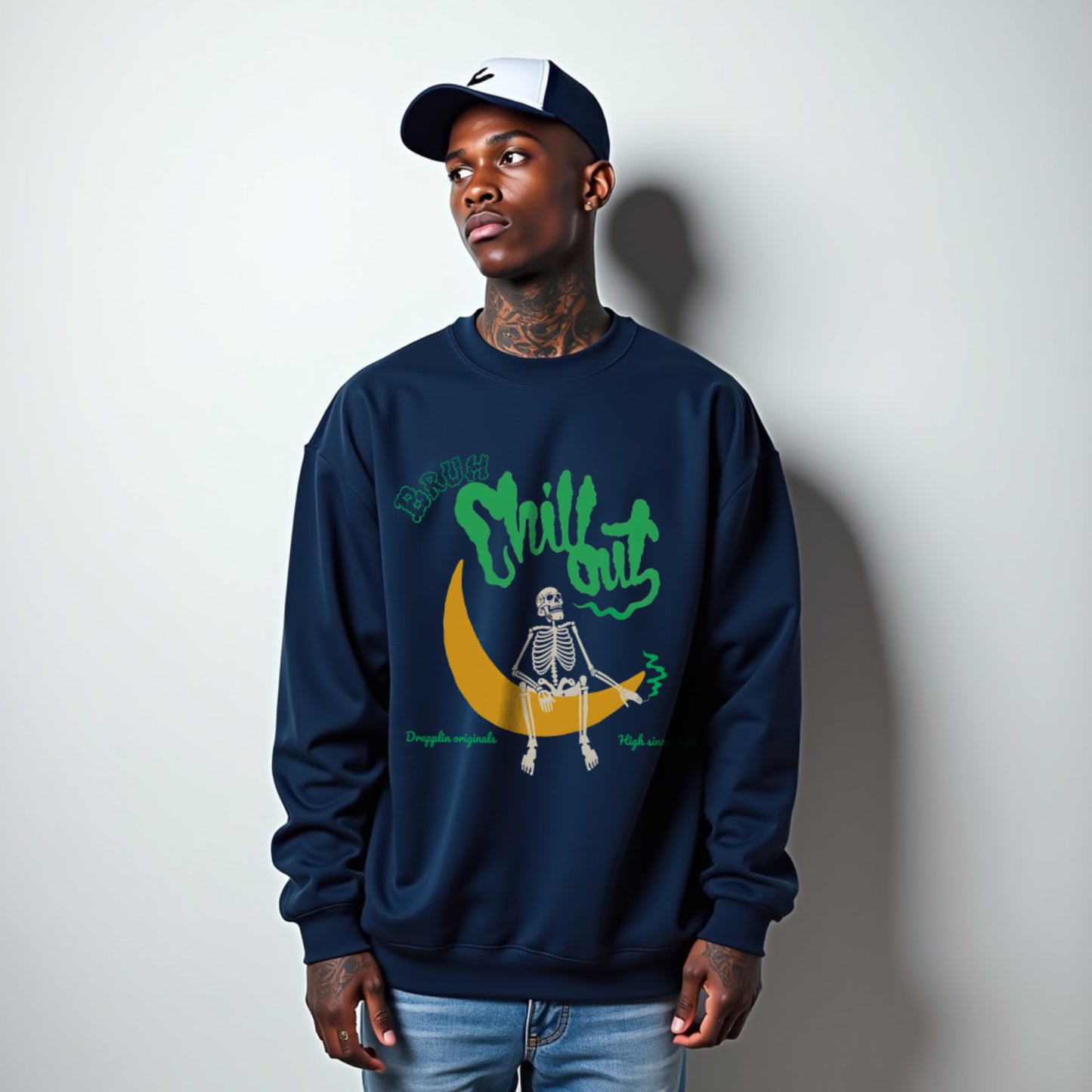 Bruh Navy Blue Premium Oversized Printed Sweatshirt