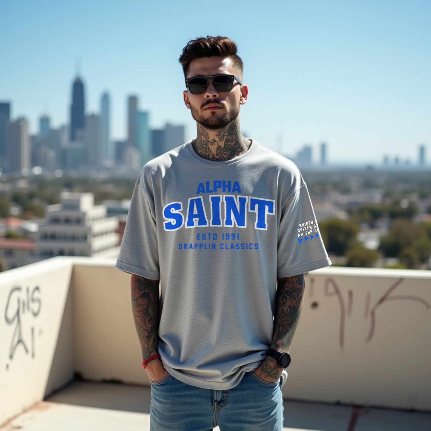 Saint Unisex Grey Mélange Premium Oversized Typographic Printed T-shirt
