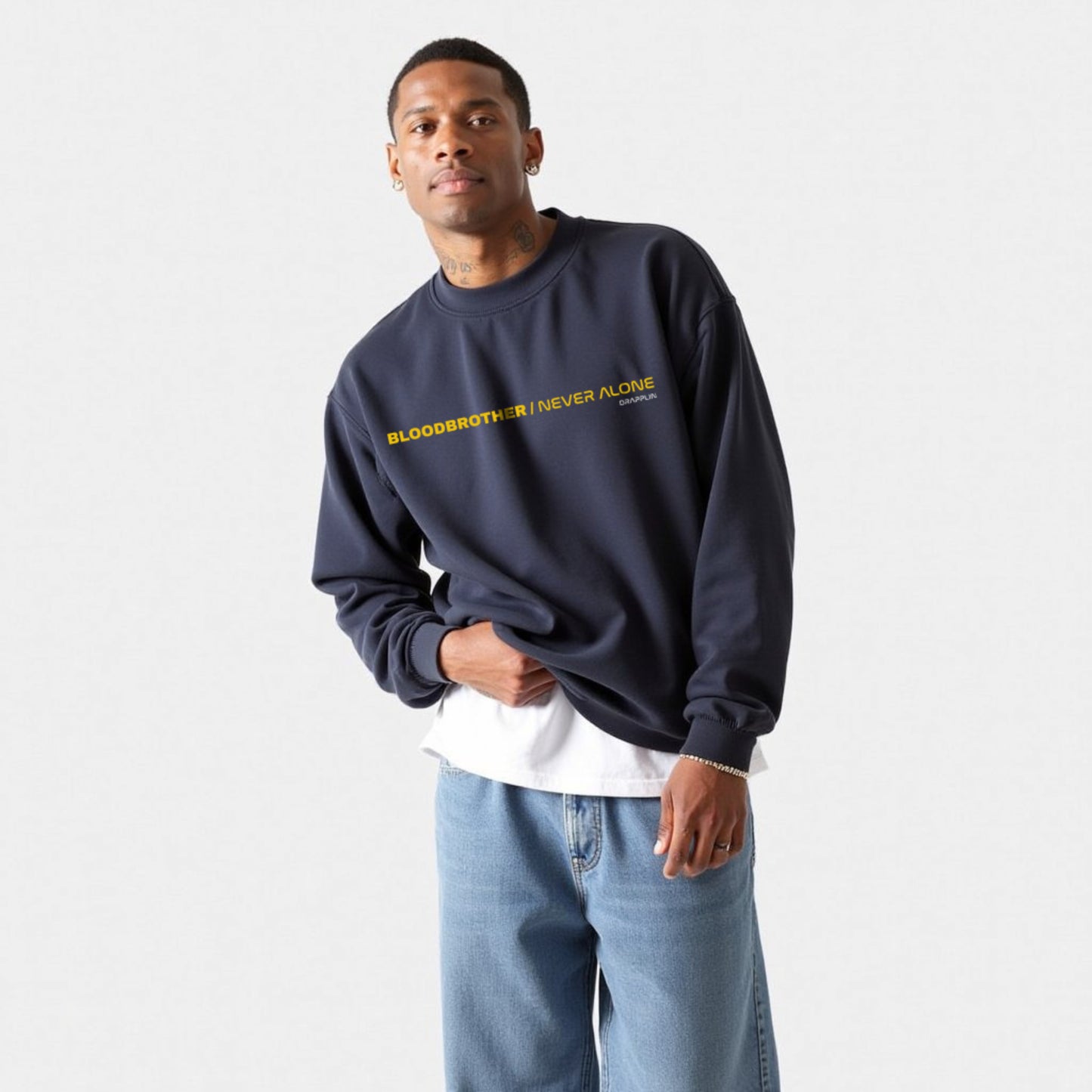 Bloodbrother Navy Blue Premium Oversized Printed Sweatshirt